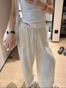 กางเกงขายาวทรงหลวมเอวสูงสำหรับผู้หญิงในช่วงฤดูร้อน สไตล์ลำลอง กางเกงขายาวทรงหลวมแบบลำลอง ผ้าฝ้ายผสม