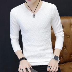 Slim Fit Mens Knitted Sweater Spring Base Layer Shirt Thin Korean Version Youth Casual Long Sleeve V-Neck Solid Color LPW Brand