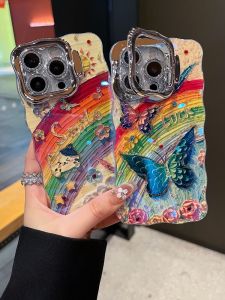 Apple 16 Series Full Cover Invisible Stand Lens Film Rainbow Butterfly Painting Design Phone Case Anti-Fall Protection PC+TPU Material