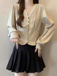 เสื้อเชิ้ตคอวีแขนยาวผ้าลูกไม้สไตล์ย้อนยุคสไตล์ฝรั่งเศสสำหรับผู้หญิงไซส์ใหญ่ เสื้อเชิ้ตทรงหลวมสบาย ๆ สำหรับฤดูใบไม้ร่วง