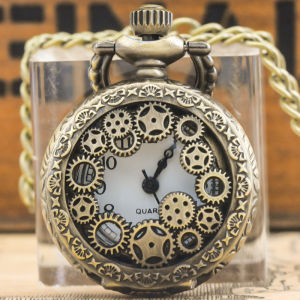 Small Vintage Bronze Steampunk Gear Carved Trumpet Quartz Pocket Watch Necklace Pendant Clock Chain Men Women Chain Gift