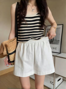 White Cotton Elastic Waist Wide Leg Short Pants Women Summer Thin Loose Slimming Versatile Mid-Length Hot Pants Outdoor Wear