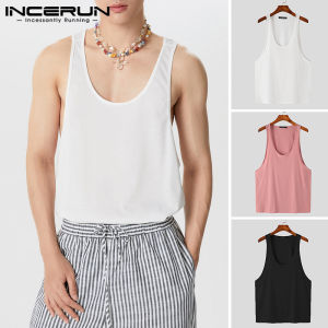 Medussa INCERUN Mens Sporty GYM Sleeveless Deep O-Neck Plain Tanks Basics Tops (Western Style)