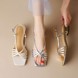 Huilm giày cao gót cao của phụ nữ với chiều cao gót 2cm 2024 Pháp mùa hè mới dày Xăng đan cao gót vuông ngón chân giữa gót chân retro dệt một từ khóa giày nữ