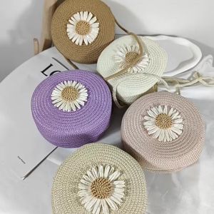 【COD&Local】Womens Handmade Round Straw Bag 3D Daisy Decor Zipper Crossbody Bag for Party Beach Seaside