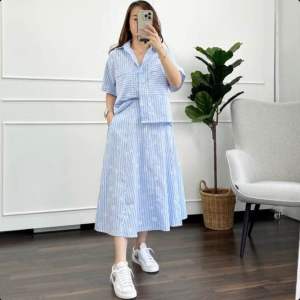 SHANE CLOTHING SETELAN ATASAN ROK WANITA BERMOTIF PITA BUNGA LENGAN PENDEK