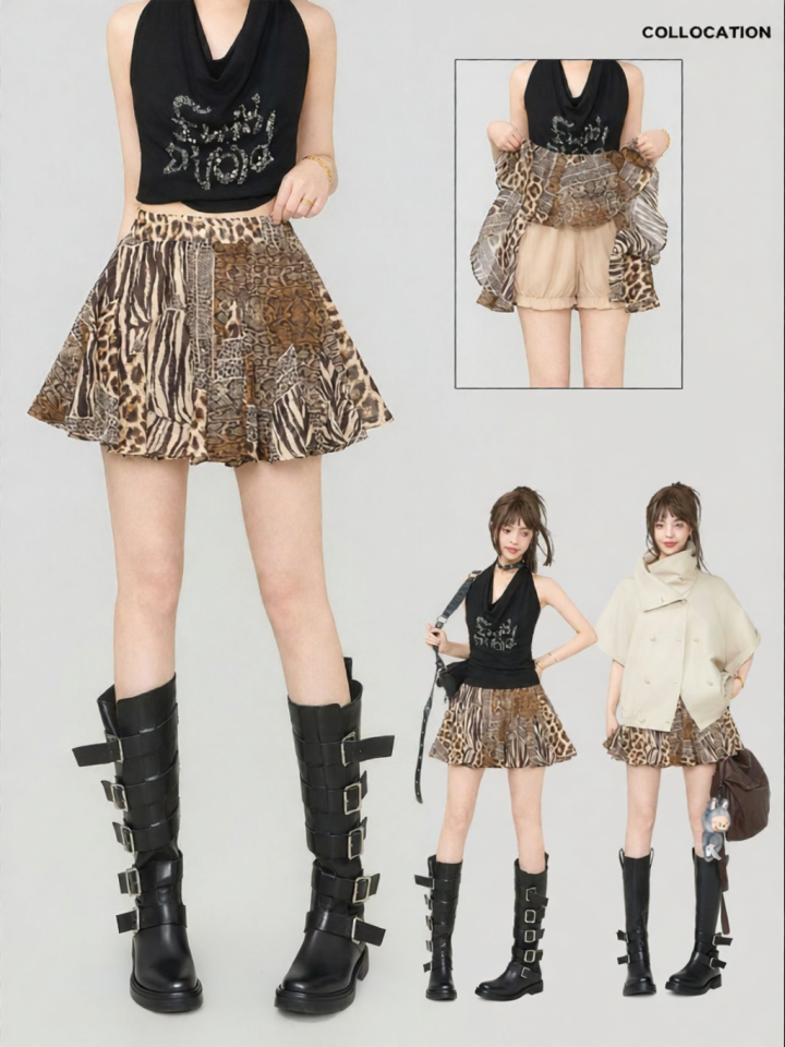 KEIKO | Wild Vintage Leopard Print Chiffon A-Line Short Skirt