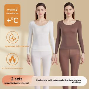 miiow | Ultra-Thin Warmth Underwear Set For Women MiiOW Cat Person Invisible Seamless Base Layer Shirt Long Sleeve Round Neck Pure Color