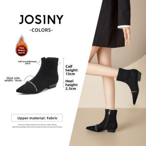 Josiny | Suede Pointed Low Heel Boots With Rhinestones