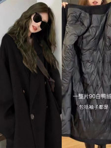 Black Woolen Duffel Coat Womens Mid-Length Loose Winter Outerwear Korean Style Button Pocket Detail Thickened Duck down Jacket