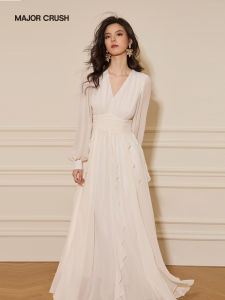 Celebrity Style French Elegance White Long Sleeve Maxi Dress