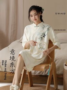 MiiOW | Váy ngủ cotton nguyên chất MiiOW dành cho nữ có đệm ngực váy ngủ mỏng kiểu Trung Quốc quần áo mặc nhà có thể mặc ngoài trời