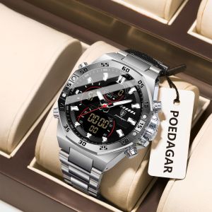 POEDAGAR Top Men Clock LED Luminous Waterproof Week Date Military Man Wristwatch Electronic Stainless Steel Quartz Mens Watches