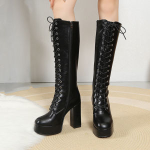 DIANCHA | Rounded Head Lace-Up High Heel Zippered Long Boots