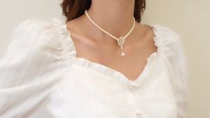 good 999 Korean fashion Camellia Pendant Pearl Tassel Sweet Flower Necklace N7084-7085