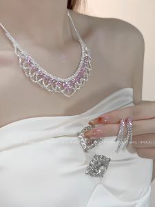 Sakura Poem Luxury Pink Zircon Necklace Womens Elegant Choker Bracelet Set Fashionable Silver Color Single Layer Original Design