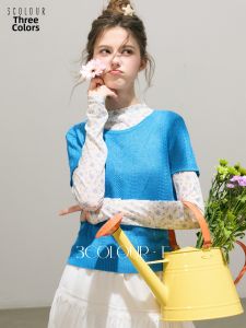 3COLOUR·S | Cable Knit Blue Sweater Short Sleeve