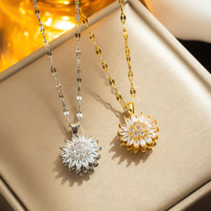 Classic Sunflower Cubic Zirconia Pendant Necklaces For Women Gold Color Alloy Rotate Necklace Daily Jewelry