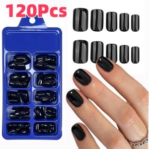 120Pcs Classic Glossy Black Fake Nails Full Cover Press On Nails Short Round Reusable False Fingertips DIY Women Manicure Tools