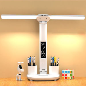 Double-Headed LED Table Lamp Dimmable Desk Lamp Clock Dispaly Lamp Eye Protection Foldable Table Lamp For Bedroom Bedside Desk