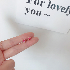 S925 Sterling Silver Stud Earrings K-style Rose Gold Tourmaline Red Inlaid Zircon Crystal Stud Earrings Gem Plated Real Gold Earrings Female Accessories