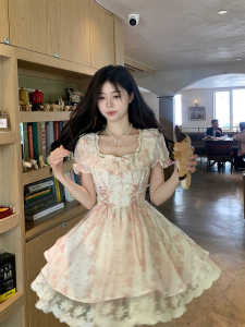 Sweet Cute Bows Square Collar Floral Dress Womens Summer New Arrival Puff Sleeves Waist-Tight Figure Flattering Puffy Dress