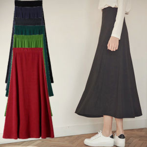 Váy Midi Cạp Cao Bằng Vải Cotton Lông Cừu Dài qua Đầu Gối Cho Phụ Nữ Ngoại Cỡ Mùa Thu Đông Váy Chữ a Dáng Ôm