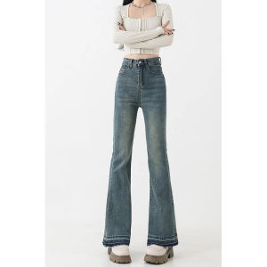 กางเกงยีนส์ทรงหลวมเอวสูงทรงขาบานสำหรับผู้หญิง กางเกงขายาวทรงหลวมไม่ยืด ทรงเข้ารูป ทรงหลวม ทรงเข้ารูป