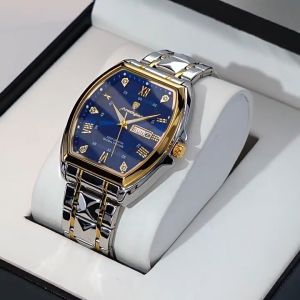 Poedagar  Đồng hồ nam mặt vuông chính hãng Dây đeo bằng thép không gỉ Lịch có chức năng phát sáng Chống thấm nước chống xước