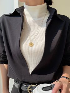 เสื้อเชิ้ตคอวีสีดำสำหรับผู้หญิง ทรงหลวม สไตล์ทำงาน แขนยาว ปกติ ลำลอง ฤดูใบไม้ผลิและฤดูใบไม้ร่วง เสื้อเชิ้ตคอกลม