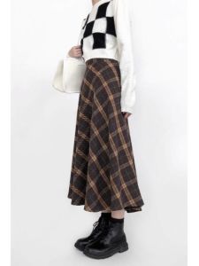 plus Size Plaid Woolen A-Line Skirt Womens Autumn Winter New Style Pear Shaped plus Size Long Skirt Korean Style High Waist