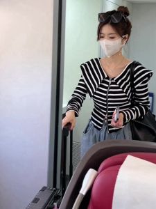 เสื้อยืดคอกลมลายทางสีบล็อกแฟชั่นฤดูใบไม้ร่วง/ฤดูหนาวสำหรับผู้หญิง ทรงเข้ารูป ปกเสื้อสีน้ำเงิน ซิปคู่ แขนยาว ปกติ