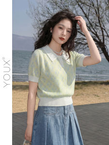 YOUXIANG | Áo Sweater Ngắn Tay Phong Cách Retro Có Viền Ren Nhẹ
