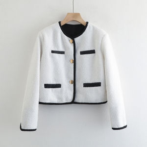 เสื้อแจ็คเก็ตผู้หญิงแขนยาวผ้าขนสัตว์ผสมคอตตอนสไตล์เกาหลี ทรงสั้น ทรงเข้ารูป สำหรับใส่ไปทำงาน ฤดูใบไม้ร่วง/ฤดูหนาว