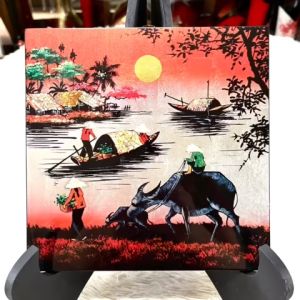 Tranh sơn mài Thanh Bình Lê- ĐỒNG QUÊ Việt Nam vẽ màu nền dát vàng/ bạc cao cấp