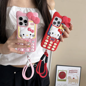 Cute 3D Telephone Hello Kitty Phone Case for iPhone 17 16 15 14 13 Pro Max Plus 17 Pro Cartoon Soft Silicone Cover with Lanyard