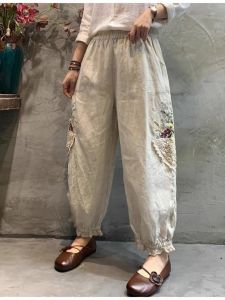 Womens Cotton Linen Lantern Pants Summer 2026 New Embroidery Loose Versatile Slimming Casual Harlan Pants Nine Point Pants