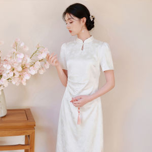 XIANGYING | Chinese Style Cheongsam Dress White Embroidered