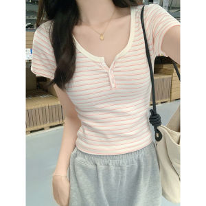 เสื้อยืดแขนสั้นผู้หญิง ทรงสลิมฟิต ทรงเข้ารูป ลายทาง ทรงปกติ คอกลม แฟชั่นฤดูร้อน เสื้อผ้าทำงาน คอตตอนผสมโพลีเอสเตอร์