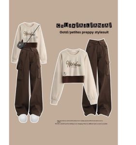 Slimming Workwear Pants Set Street Style High Waist Cotton Blend Autumn Collection Fashionable plus Size Conceal Meat