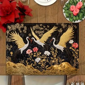 VIKAMA 4PC Luxury Black & Gold Crane Placemats Floral Chinese-Style Light Luxury Table Mats Living Room Decor