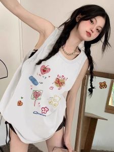 Pure Cotton Sleeveless Tank Top Womens Loose Comfortable Style Summer Outdoor Wear High-End Feeling Drawstring Design T-Shirt