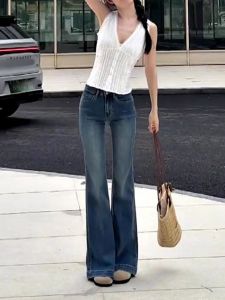 Retro Blue High เอว Flared กางเกงยีนส์ ผู้หญิง 2024 ใหม่ พรางหุ่น กางเกงขายาว สไตล์เกาหลี เดินทาง เรียบง่าย องค์ประกอบ ลำลอง กางเกงขายาว