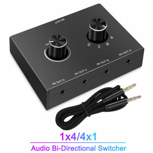 Kebidumei | 4 Way 3.5mm Jack Audio Switcher Stereo Bi-Directional Audio Switch Splitter Box 4 In 1 Out / 4 In 1 Out with Mute Button