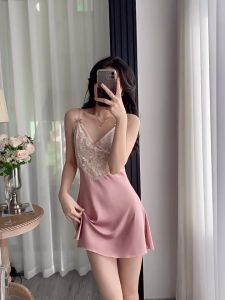 Hormones 🌜🌜 เดรสผ้าซาติน ดูผ่าน ชุดนอนใส่สบาย เดรส ซาติน เย็บปักถักร้อย เว้าหลัง ส่งไว พร้อมส่งจากไทย(H9262)