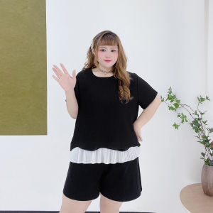 Textured Wave Hem Short Sleeve T-Shirt plus Size Romantic Splicing Fake Two-Piece Womens Summer Fashion High Waist Loose Fit