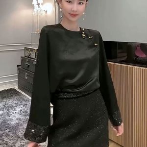 Silk Shantung Shirt Womens Loose New Chinese Style Sequin Splicing Versatile Top Trendy Spring 2026 Button Disk Closure