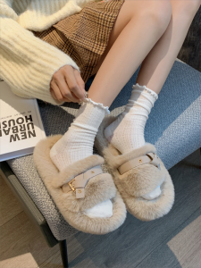 Dép Đi Trong Nhà Đế Dày Thời Trang Nữ Mùa Thu Đông Thường Ngày Đế PU Bông Lông Cừu Mũi Tròn Phong Cách Pháp Nhỏ