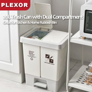 Plexor 20L Kitchen Trash Bin Pedal-Type Recycling Trash Can，Plastic Trash Can with Dual Dry and Wet Separation Compartment Garbage Sorting Trash Can with Wheels for KitchenBathroom Living Room