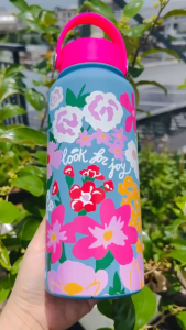 Bình Giữ Nhiệt Hoa Vintage Dung Tích Lớn 1000ML Inox 304 Có Quai Xách Tiện Lợi_Thân xanh nắp hồng